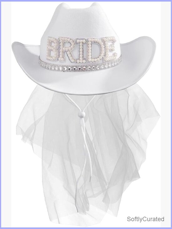 Cowboy Hat with Veil Bridal Shower Bachelorette Party Bride Pearl Rhinestones main image 4